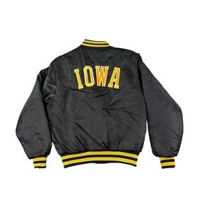 Iowa Hawkeyes Bomber Jacket Mens MED Black Satin  Lined USA VINTAGE Swingster